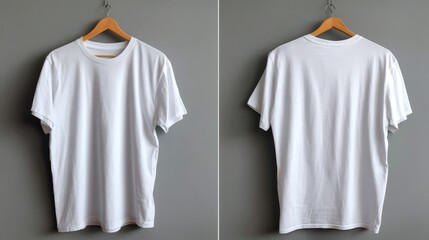 Poster - Front and back views of a plain white men's t-shirt displayed flat against a seamless backdrop, offering ample copy space for promotional use and design applications