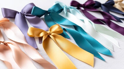 Poster - Satin ribbon bows in various colors display intricate folds and a glossy sheen, providing a visually appealing detail with room for additional content on the right