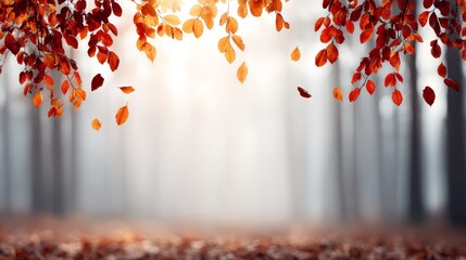 Poster - Crimson and amber leaves gracefully fall against a blurred forest background as soft sunlight filters through trees, creating a warm, inviting atmosphere
