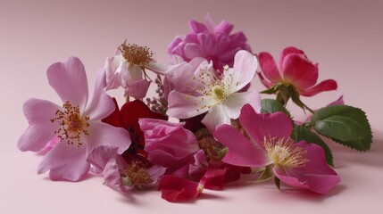 Leinwandbilder - An assortment of rose-colored blossoms is beautifully arranged on a soft pink background, creating a charming floral collection perfect for various design projects