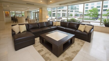 Aufkleber - Contemporary lounge area showcases sleek leather seating and geometric furniture with neutral tones, offering a welcoming atmosphere and plenty of copy space