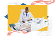 © deagreez - Creative full artwork collage of serious american man sit workplace write documentation notepad insurance laptop reception clinic