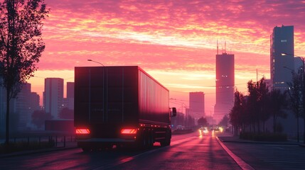 Poster - Back view of a delivery truck weaving through urban streets at sunrise, sky painted with pink and gold tones, tall silhouettes around
