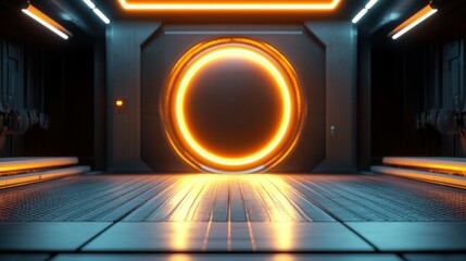 Aufkleber - Futuristic Corridor Featuring a Glowing Portal in the Center of the Room