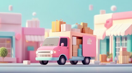 Fototapete - Bright 3D vector design showing a delivery van full of packages, fast shipping and online shopping delivery concept