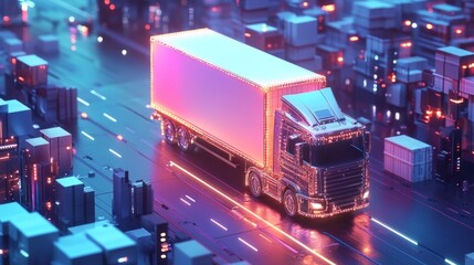 Poster - Bright and futuristic 3D illustration of a shipping truck driving through an online marketplace landscape, representing e-commerce logistics