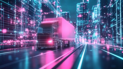 Poster - Bright and futuristic 3D illustration of a shipping truck driving through an online marketplace landscape, representing e-commerce logistics