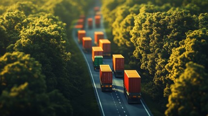 Poster - Caravan of container trucks driving together on a rural road, symbolizing large-scale cargo shipment and logistics