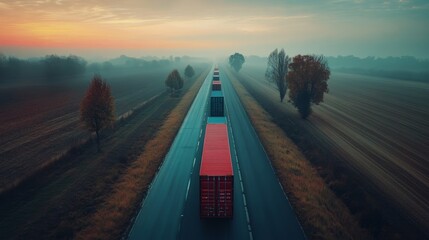 Poster - Caravan of container trucks driving together on a rural road, symbolizing large-scale cargo shipment and logistics