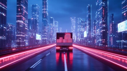 Poster - Conceptual 3D image of a delivery truck carrying e-commerce parcels across a futuristic cityscape, glowing roads and digital screens
