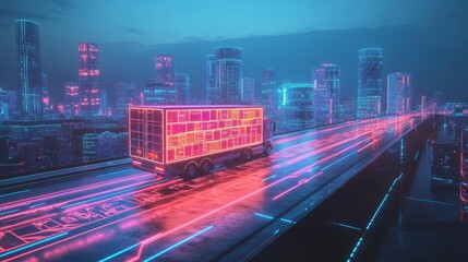 Poster - Conceptual 3D image of a delivery truck carrying e-commerce parcels across a futuristic cityscape, glowing roads and digital screens