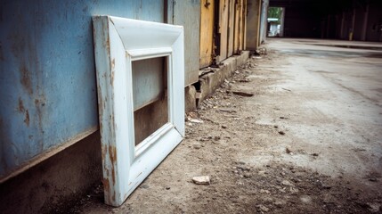 Poster - A retro instant photo frame with weathered edges leans against a wall, surrounded by urban textures, offering a unique creative mockup with ample copy space