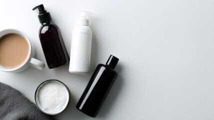 Aufkleber - Skincare bottles in various sizes sit alongside a cup of coffee on a solid white surface, providing a minimalistic and organized presentation with ample copy space