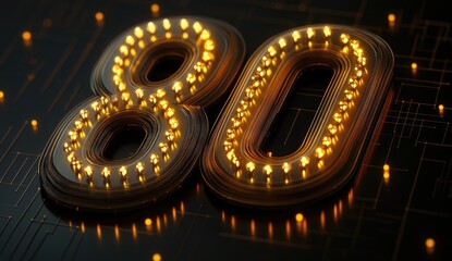 Poster - Number eighty, illuminated by glowing lights,  on a dark circuit board background