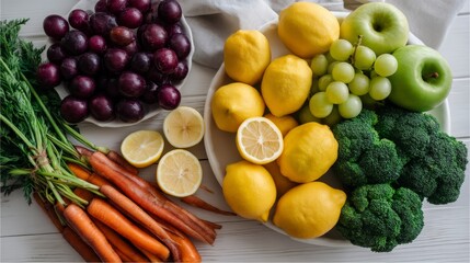 Poster - A variety of fresh fruits and vegetables is artfully arranged on a white plate, promoting healthy eating with an emphasis on bright colors and fresh flavors
