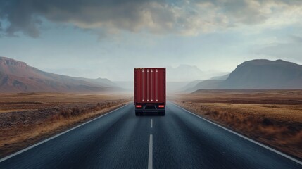 Poster - Semi-truck with a shipping container rolling down an endless road, cargo transportation, and global trade connection theme