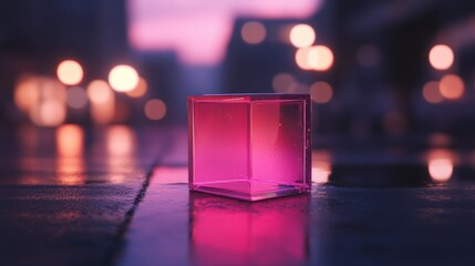 Aufkleber - A glowing pink cube reflecting light on a wet surface