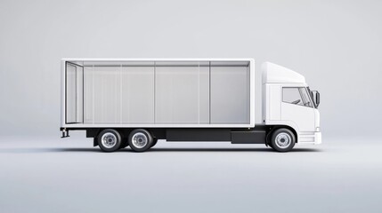 Poster - White delivery truck in motion with clear cargo side view, ideal blank canvas for commercial ad design and branding