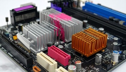 Poster - Detailed motherboard image. Electronic circuit for technology, innovation or computing concepts. Use for design, IT solutions or system architecture themes.