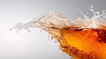 Aufkleber - Amber beer splashes dramatically against a white background, showcasing the fluid dynamics and textures while allowing for copy space to the left