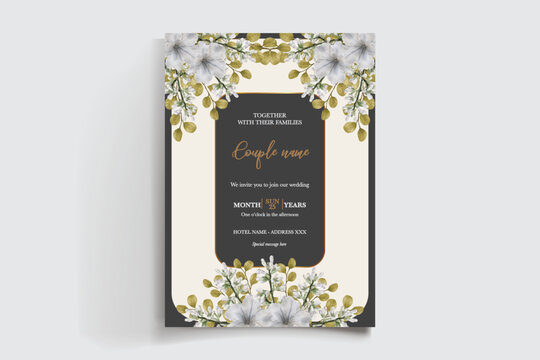 WEDDING INVITATION FRAME WITH FLOWER DECORATIONS AND FRESH LEAVES