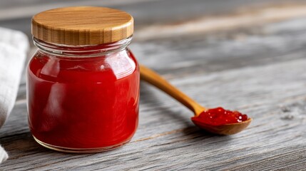Poster - Thick strawberry preserve fills a glass jar, accompanied by a small wooden spoon on a warm wooden surface, creating a cozy, homemade ambiance