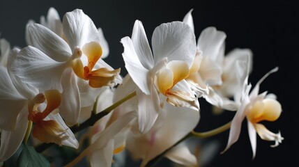 Poster - A close-up view showcases the soft petals of a white orchid, beautifully illuminated to reveal its intricate details, creating a peaceful, refined moment
