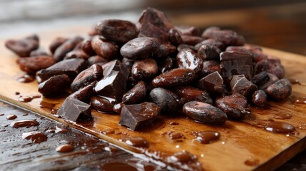 Poster - Cocoa beans tumble into a gleaming pool of melted chocolate, showcasing a luxurious culinary moment on a warm wooden backdrop. Perfect for indulgent themes