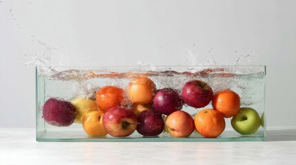 Poster - Mixed fruits including apples and oranges splash dramatically into clear water, creating dynamic droplets and waves, isolated on a pure white background