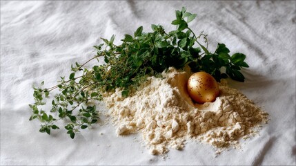 Poster - Golden quail egg rests amid a mound of whole wheat flour and fresh herbs, creating a warm, inviting atmosphere perfect for home cooking