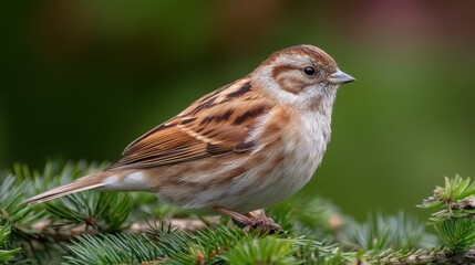 Poster - A small songbird perches delicately on a thin branch, surrounded by soft green foliage in a serene outdoor environment during daylight hours