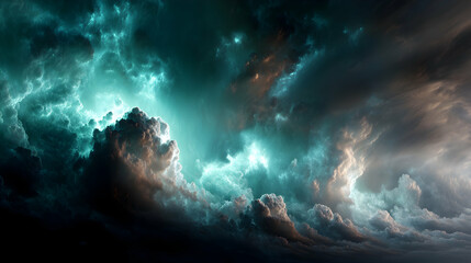 Poster - Dramatic sky filled with ethereal clouds and an explosion of light and shadows creating depth