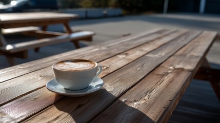Aufkleber - A white ceramic cup filled with latte art foam rests on a rustic wooden table, illuminated by natural outdoor sunlight, with ample space for text on the right
