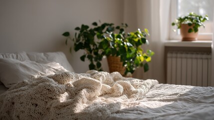 Poster - Close-up shot of cozy white bedding next to a green houseplant in a softly lit bedroom, creating a warm and inviting atmosphere for relaxation