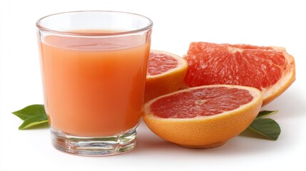 Aufkleber - Close-up of a glass filled with chilled grapefruit juice alongside fresh citrus slices on a clean white background, creating a vibrant, refreshing feel