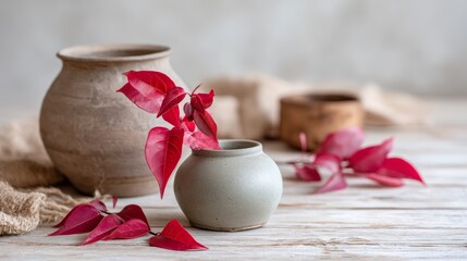 Leinwandbilder - A striking red leaf with detailed veins emerges from a rustic clay pot, enhancing the natural charm of the setting with soft tones and textures in a minimal composition