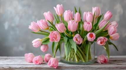 Poster - A close-up view of a loose cluster of soft pink tulips in a clear cylindrical vase, beautifully arranged on a wooden table, illuminated by gentle natural light