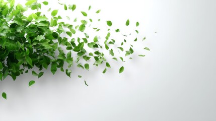 Poster - Green leaves are artistically scattered as if floating on a bright white surface, creating a serene and refreshing design element with ample copy space