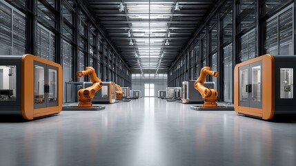 Poster - Automated industrial facility with robotic arms arranged along a spacious interior