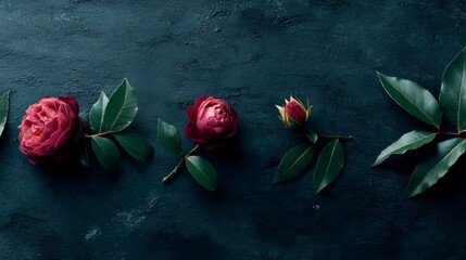 Poster - Close-up view of three red roses and one rosebud with vibrant green leaves on a richly textured dark background, providing ample copy space on the right side