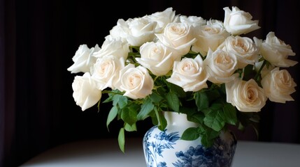 Aufkleber - Close-up view of an elegant bouquet of pure white roses in a blue and white porcelain vase, beautifully contrasted against a dark, moody background