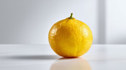 Aufkleber - Bright yellow lemon with smooth skin positioned straight-on against a white backdrop, showcasing its freshness for food-related applications and marketing