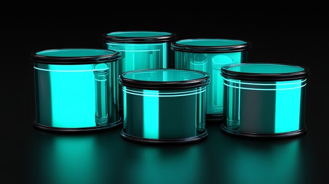 Five glowing teal cylinders on dark surface