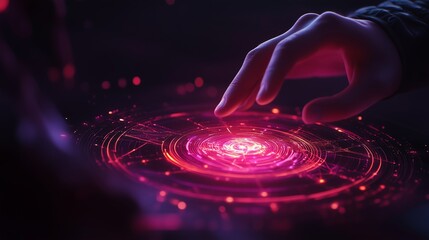 Poster - Futuristic hand reaching out to interact with glowing holographic display in a dark environment