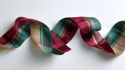 Poster - Colorful tartan ribbon in shades of red, green, and gold is loosely curled against a bright white background, creating a joyful and festive atmosphere