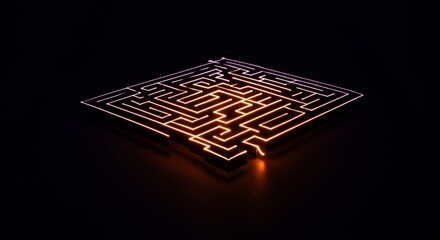 Glowing neon maze with orange and purple lights on black background