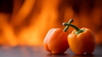 Poster - Two bright orange bell peppers stand out prominently against a dynamic flame background, perfectly lit to showcase their vivid colors and appeal to culinary enthusiasts