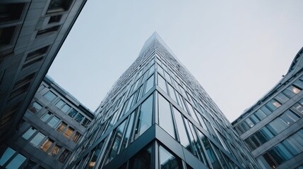 Poster - Clean geometric lines and subtle reflections of a modern office building create a professional atmosphere, highlighting the sleek facade and open space