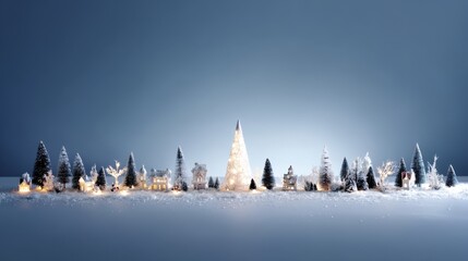 Poster - A charming holiday village features decorated pine trees, a large lit tree at its center, and a snowy landscape, evoking a warm festive spirit