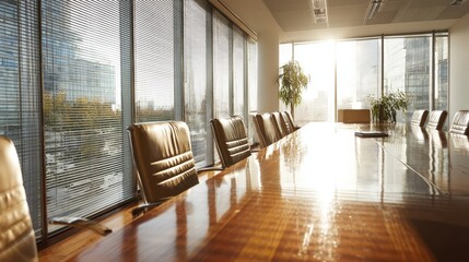 Aufkleber - Bright sunlight streams through blinds, illuminating a polished table in an empty conference room, creating a calm and inviting atmosphere for meetings